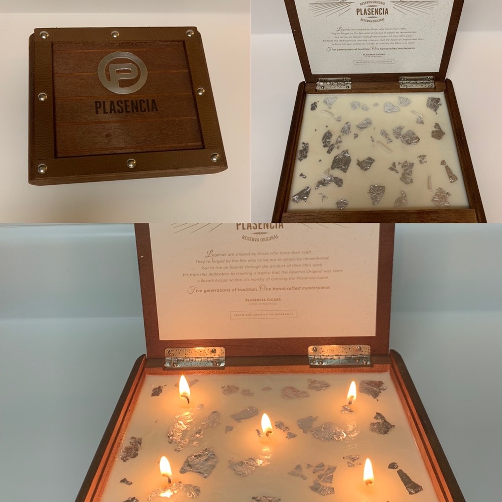 Repurposed wooden cigar box candles